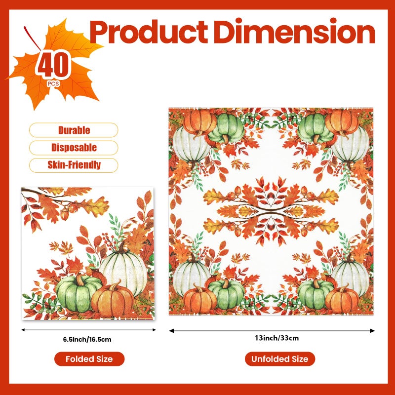 EVYIENEN 40 PCS Fall Pumpkin Paper Napkins Watercolor Autumn Luncheon Napkins Disposable Pumpkins Maple Leaves Party Napkin for Autumn Thanksgiving Harvest Home Kitchen Party Supplies, 6.5 x 6.5 Inch - Image 2